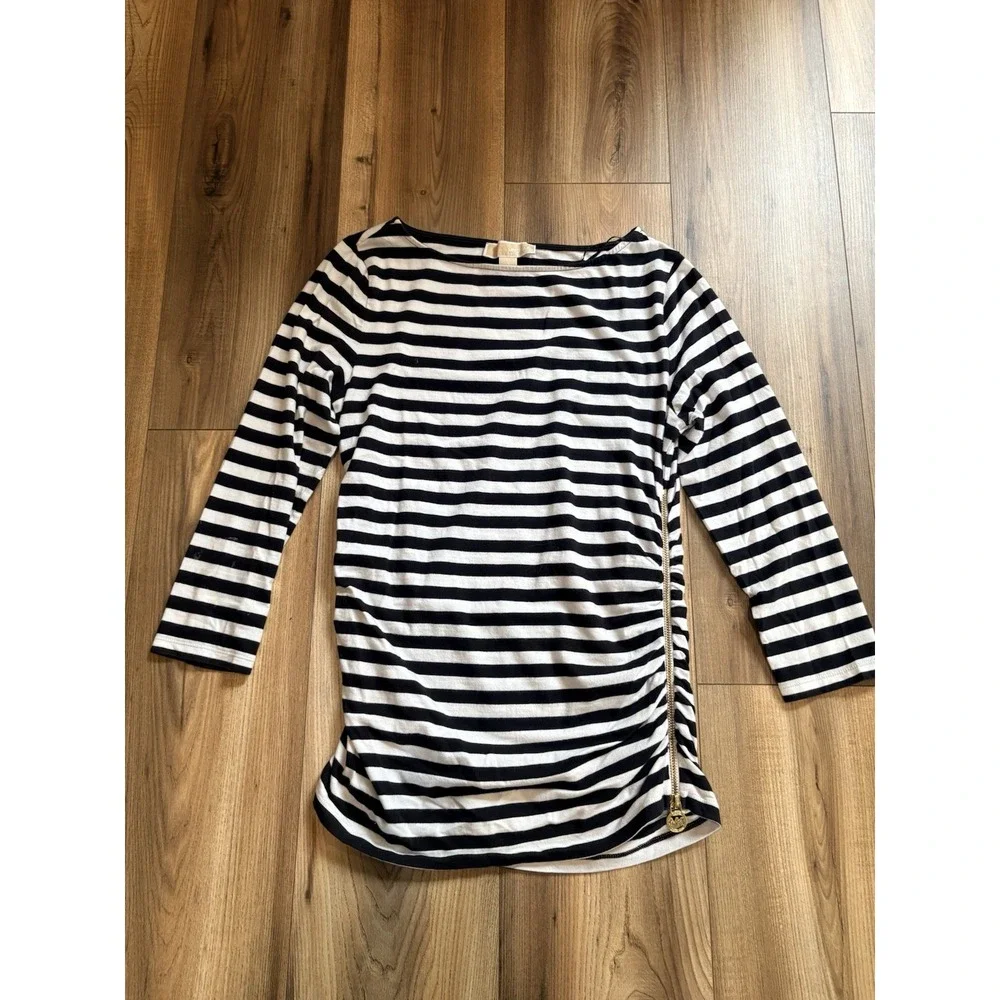 Michael Kors Black White Striped Shirt Women's Small Zip Roushing Stretch